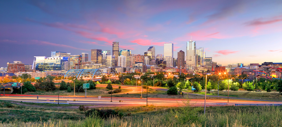 Denver skyline long exposure at twilight.